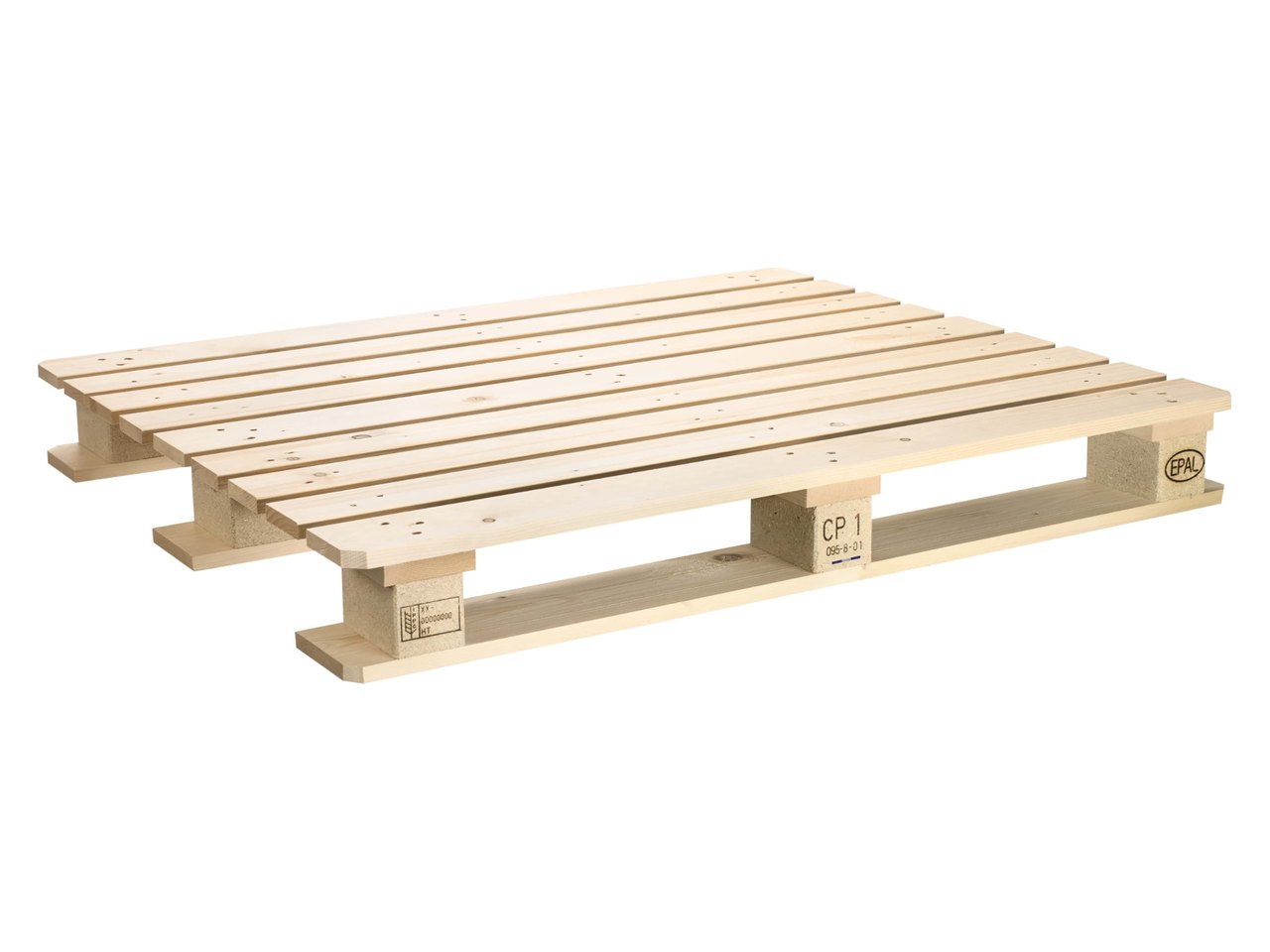 Catalogue reference photograph of a timber block pallet whose blocks carry CP 1 and IPPC markings; CP number and specification confirmed per enquiry