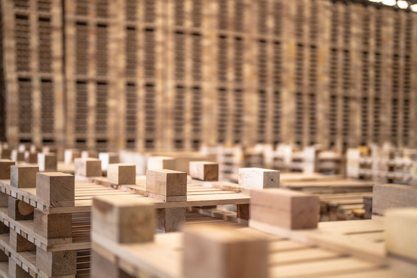 Illustrative stock photograph of freshly made timber pallets with rows of pallets behind them; specification confirmed per enquiry
