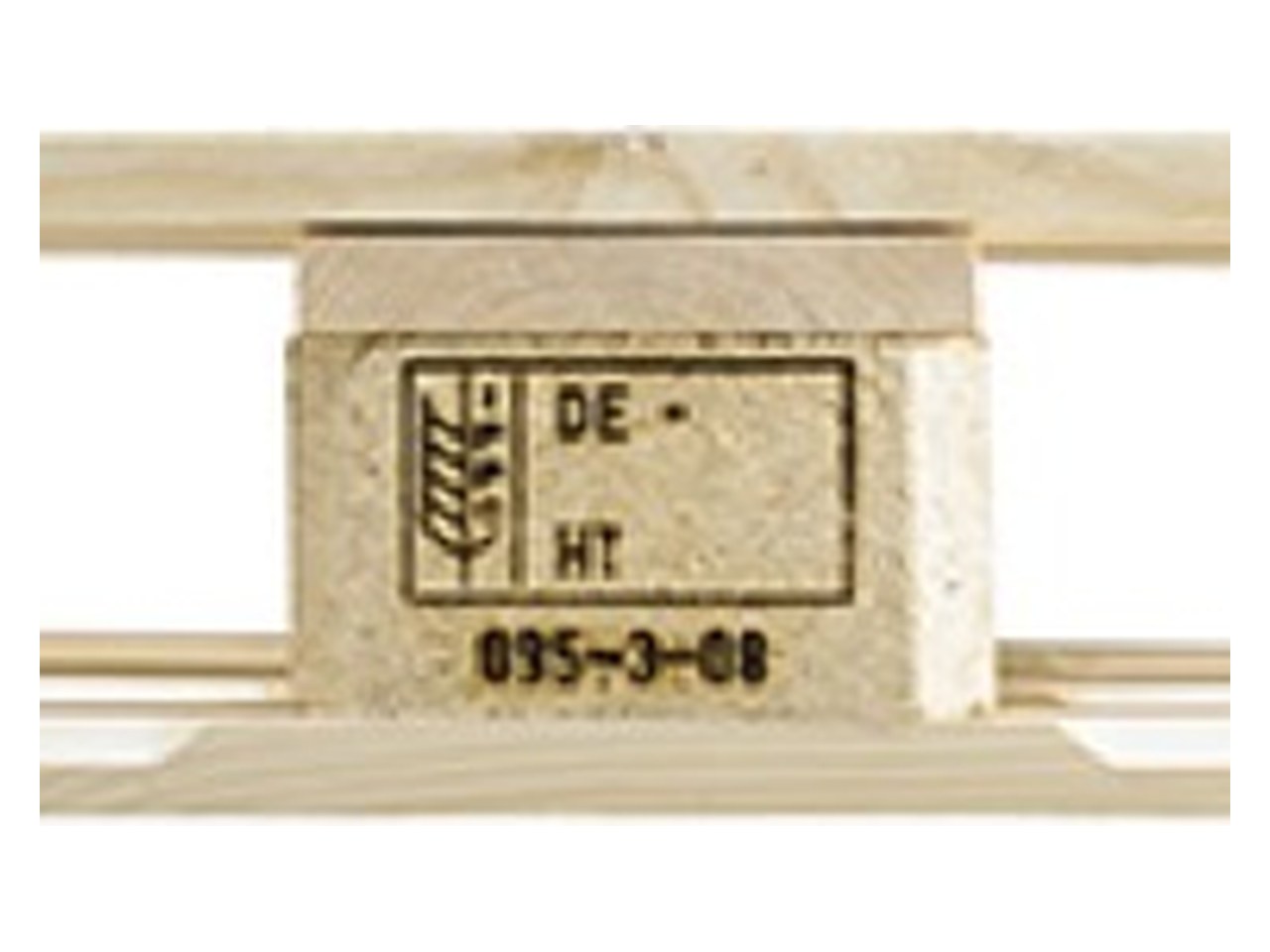 Catalogue reference close-up of a pallet front block carrying an IPPC wheat symbol with country code and HT heat-treatment code; treatment and export requirements confirmed per enquiry