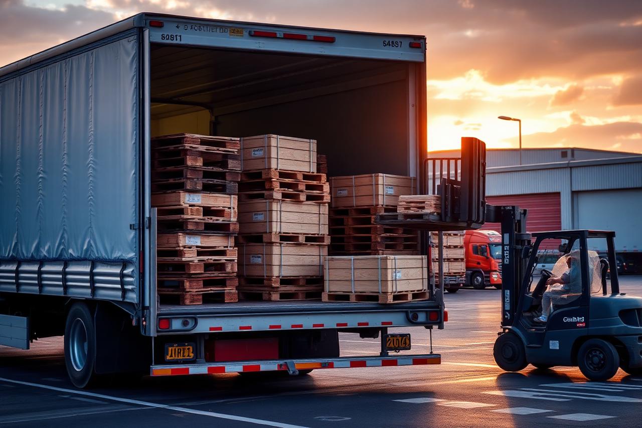 Curtain-side lorry being loaded with stacked pallets by a forklift