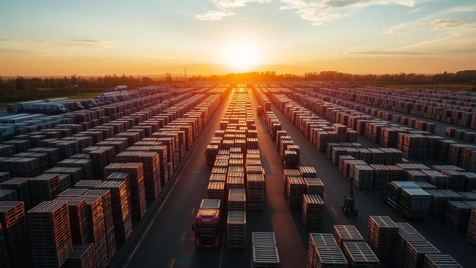 Aerial view of a pallet yard with long rows of stacked pallets at golden hour